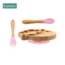 Baby Feeding Bowl Baby Dinner Plate Cartoon Sheep Bamboo Kids Feeding Dinnerware with Silicone Suction Cup Wooden Fork Spoo - FLUFFI