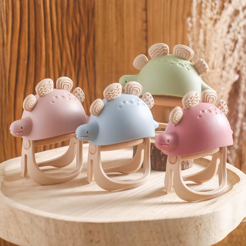 1Pc Baby Silicone Teether Toys Dinosaur Glove Bracelet Teething Natural Wood Ring Bracelet BPA Free Nursing Accessories for Kid - FLUFFI