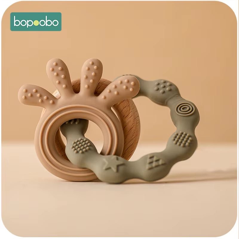 1Pc Baby Silicone Teether Toys Pendant Bracelet Teething Natural Wood Ring Bracelet BPA Free Nursing Accessories for Kid - FLUFFI