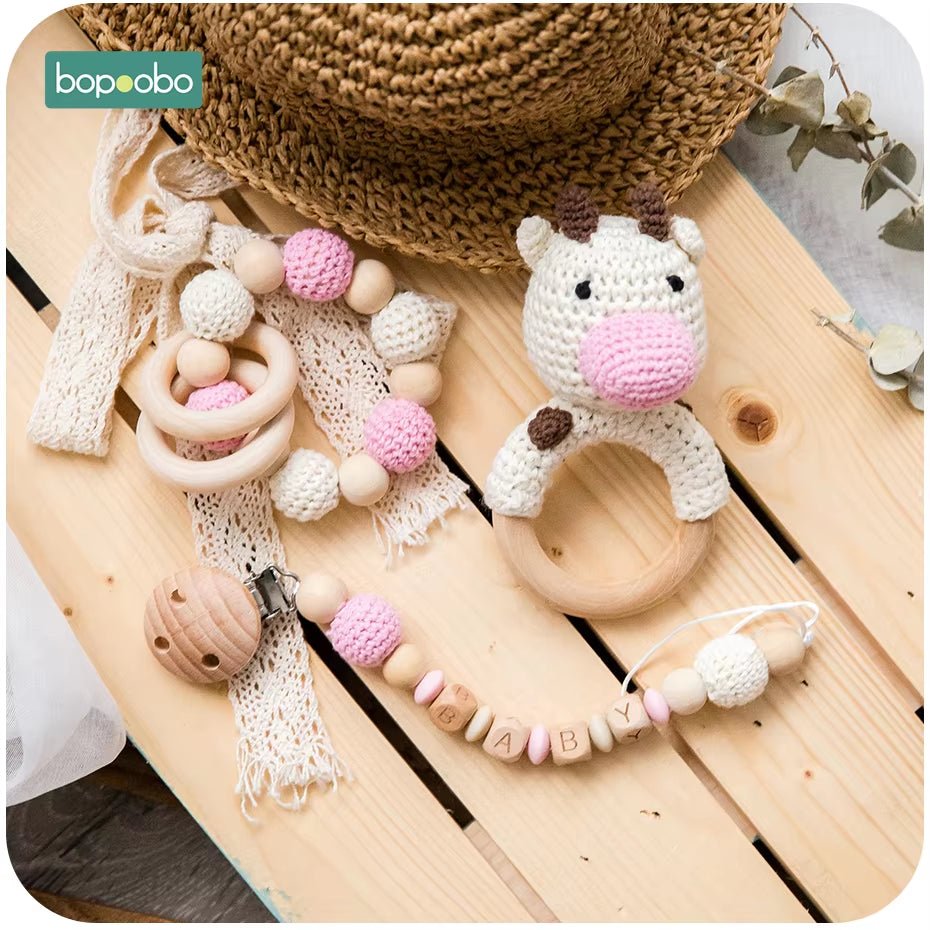 1Pc Baby Teether Silicone Beads Wooden Baby Pacifier Chain Baby Pram Crib DIY Customized Rattle Soother Bracelet Teether - FLUFFI