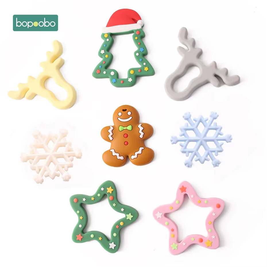 1Pc Silicone Snowflak Teether Christmas Tree Pendant Star Christmas Deer Gifts for Baby Elk Gingerbread Mansbaby Teether - FLUFFI