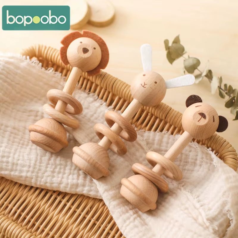 1PC Wooden Montessori Classic Educational Toy Babies Mobile Musical Rattle Toy Animals Lion Teether Toys Children Birthday Gifts - FLUFFI