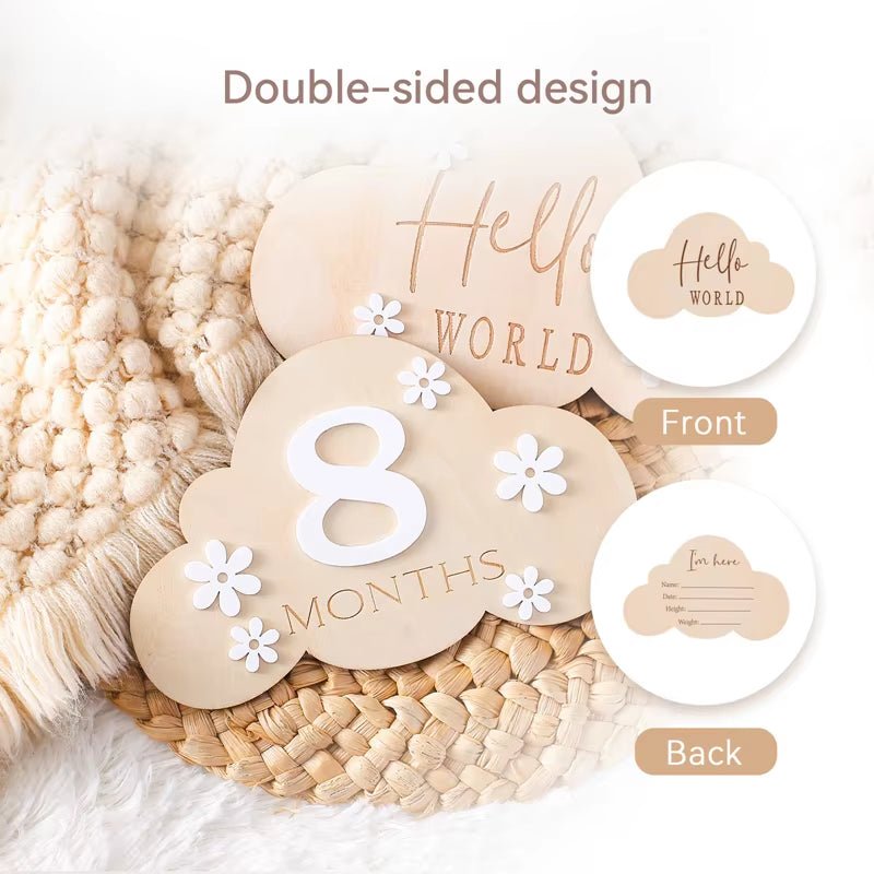 1Set Wooden Baby Month Milestone Card Cloud Shape Record Card Newborn Birthday Gift Souvenir Baby Photo Photography Accessories - FLUFFI