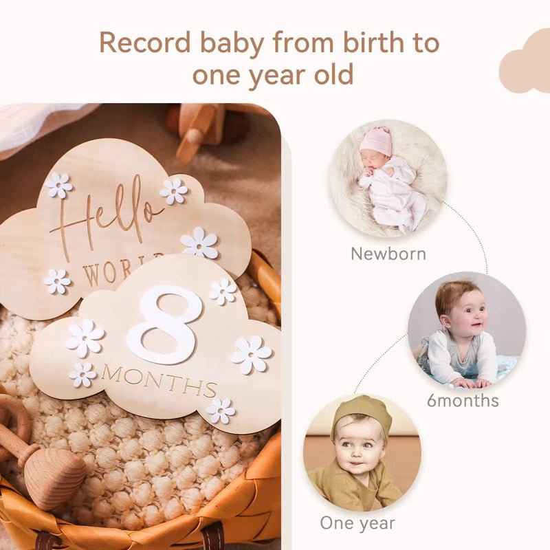 1Set Wooden Baby Month Milestone Card Cloud Shape Record Card Newborn Birthday Gift Souvenir Baby Photo Photography Accessories - FLUFFI