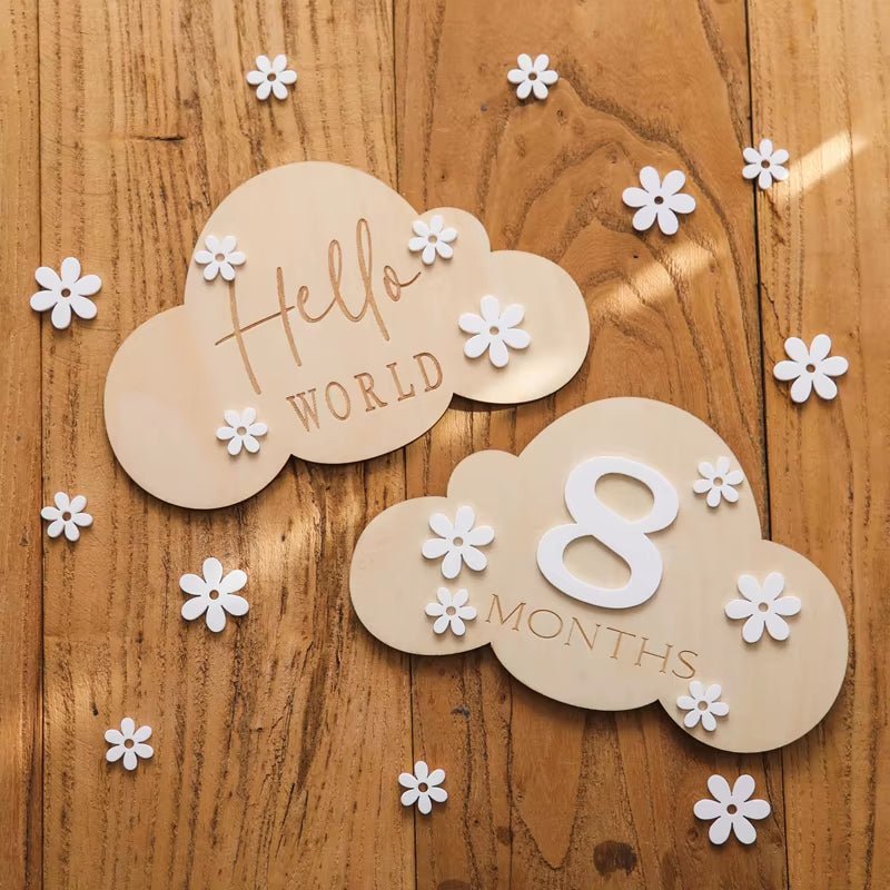 1Set Wooden Baby Month Milestone Card Cloud Shape Record Card Newborn Birthday Gift Souvenir Baby Photo Photography Accessories - FLUFFI
