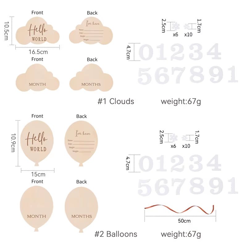 1Set Wooden Baby Month Milestone Card Cloud Shape Record Card Newborn Birthday Gift Souvenir Baby Photo Photography Accessories - FLUFFI