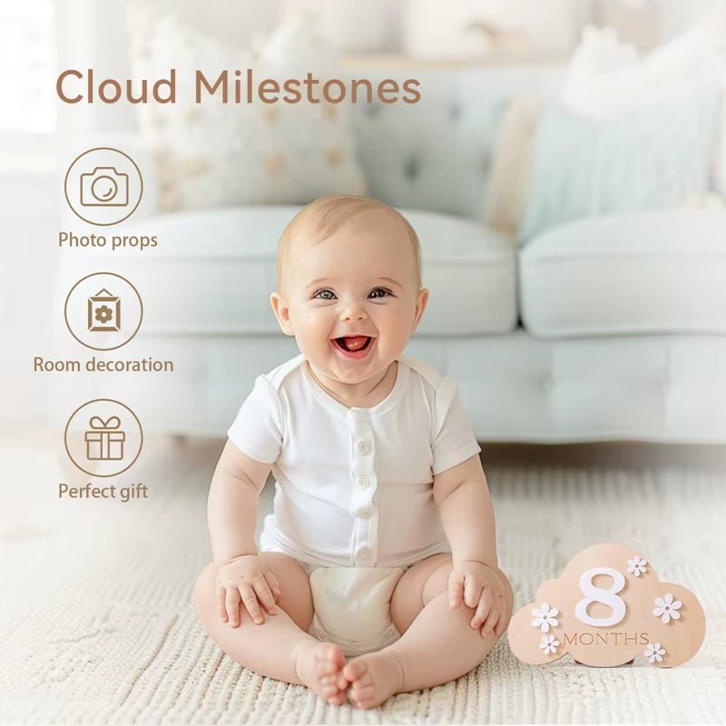 1Set Wooden Baby Month Milestone Card Cloud Shape Record Card Newborn Birthday Gift Souvenir Baby Photo Photography Accessories - FLUFFI