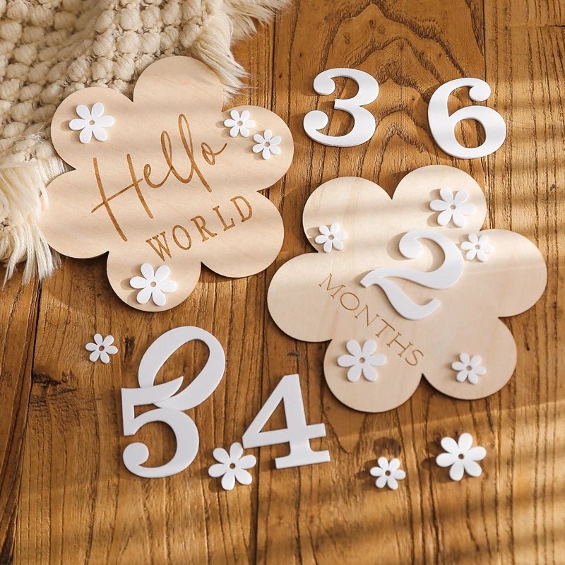 1Set Wooden Baby Month Milestone Card Flower Shape Record Card Newborn Birthday Gift Souvenir Baby Photo Photography Accessories - FLUFFI