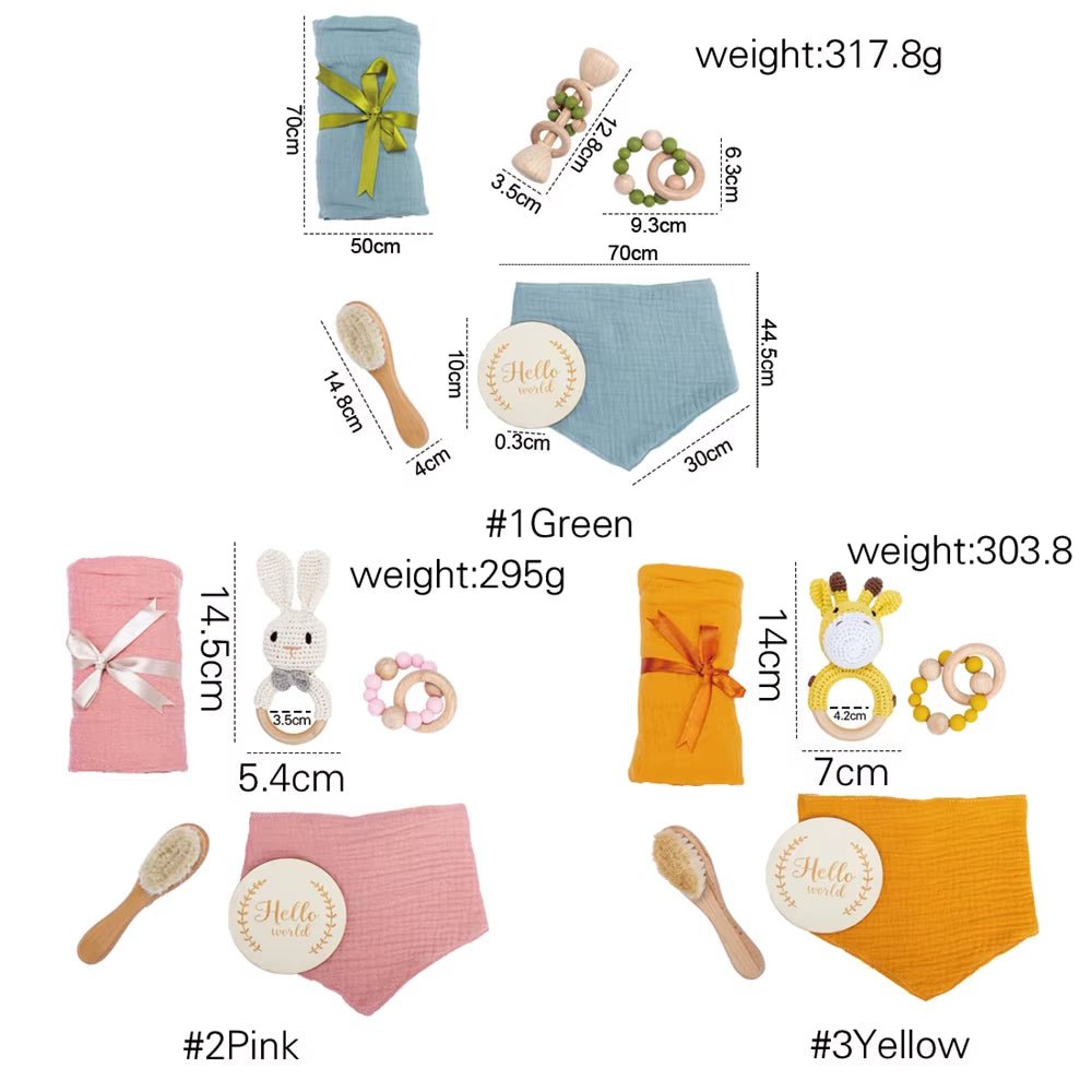 1Setnewborn Towel Bath Toy Double Cotton Cloth Wooden Wristband Rattle Toy Milestone Cards Set Photography Props Baby Birth Gift - FLUFFI