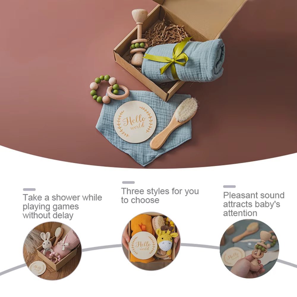 1Setnewborn Towel Bath Toy Double Cotton Cloth Wooden Wristband Rattle Toy Milestone Cards Set Photography Props Baby Birth Gift - FLUFFI
