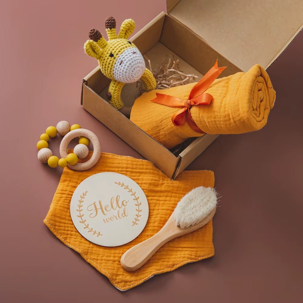 1Setnewborn Towel Bath Toy Double Cotton Cloth Wooden Wristband Rattle Toy Milestone Cards Set Photography Props Baby Birth Gift - FLUFFI