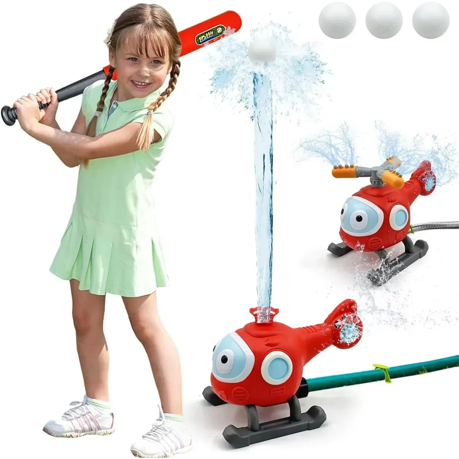 2 in 1 Outdoor Water Spray Sprinkler Baseball Set for Kids & Toddlers Helicopter Hydrant Water Spray Toy with 2 Sprinkler Heads - FLUFFI