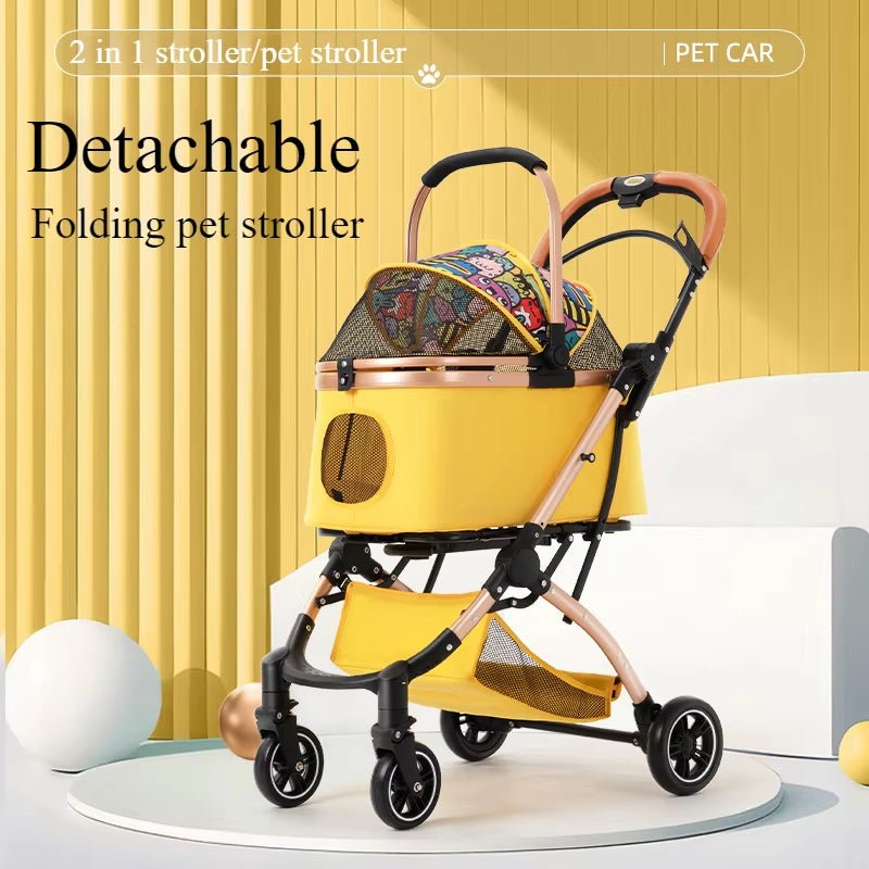 2 In1 Pet Stroller for Medium/Large Dog/Cat One Click Folding Portable Dog Bassinet Detachable Pet Trolly Cart with Canopy Brake - FLUFFI