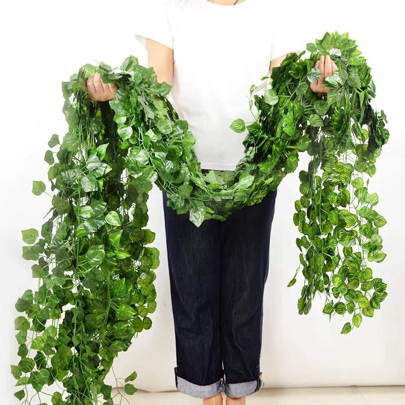 2.1M Artificial Plant Green Ivy Leaf Garland Silk Wall Hanging Vine Home Garden Decoration Wedding Party DIY Fake Wreath Leaves - FLUFFI