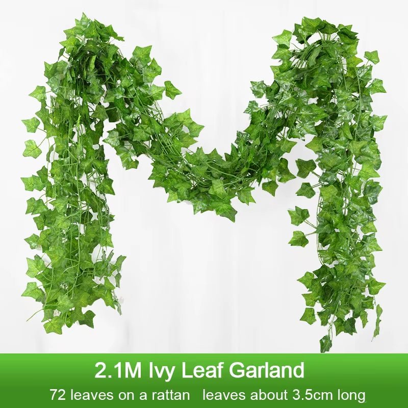 2.1M Artificial Plant Green Ivy Leaf Garland Silk Wall Hanging Vine Home Garden Decoration Wedding Party DIY Fake Wreath Leaves - FLUFFI