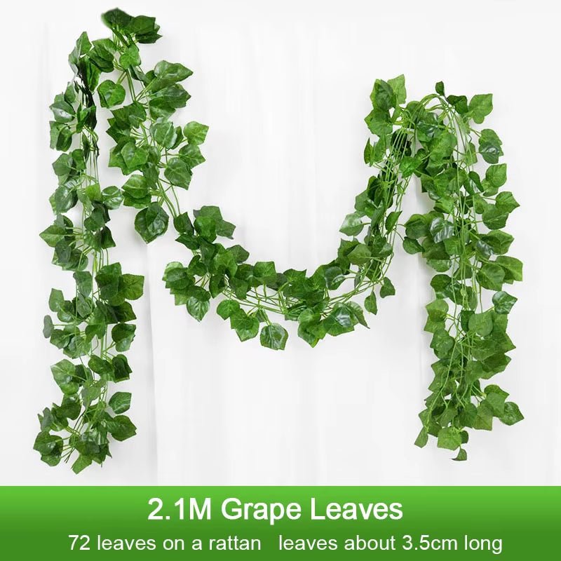2.1M Artificial Plant Green Ivy Leaf Garland Silk Wall Hanging Vine Home Garden Decoration Wedding Party DIY Fake Wreath Leaves - FLUFFI