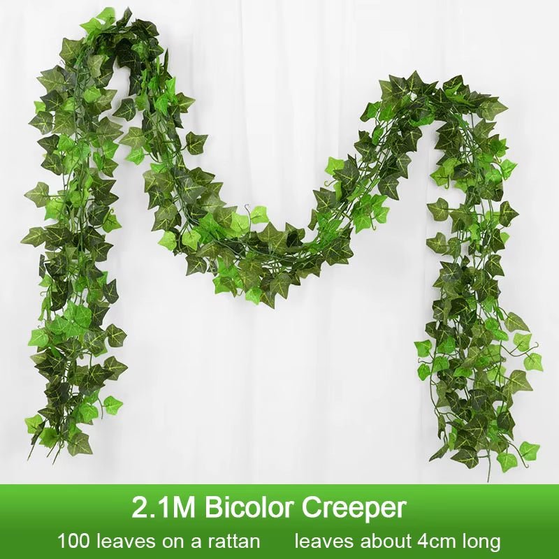 2.1M Artificial Plant Green Ivy Leaf Garland Silk Wall Hanging Vine Home Garden Decoration Wedding Party DIY Fake Wreath Leaves - FLUFFI