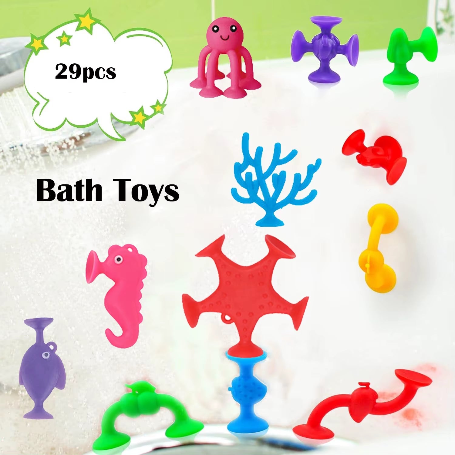 29Pcs Sea Animals & Fruits Suction Cup Toys, with Bucket for Storage, Construction - FLUFFI