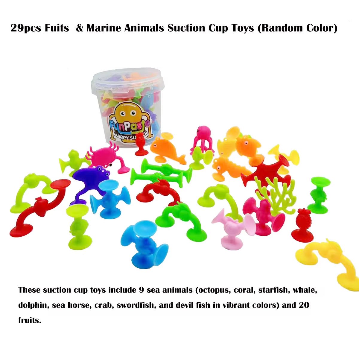 29Pcs Sea Animals & Fruits Suction Cup Toys, with Bucket for Storage, Construction - FLUFFI