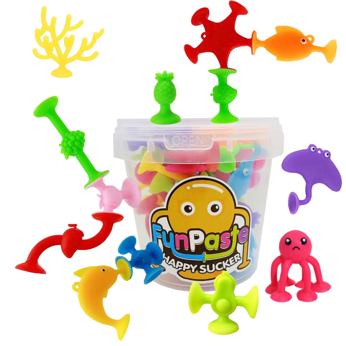 29Pcs Sea Animals & Fruits Suction Cup Toys, with Bucket for Storage, Construction - FLUFFI