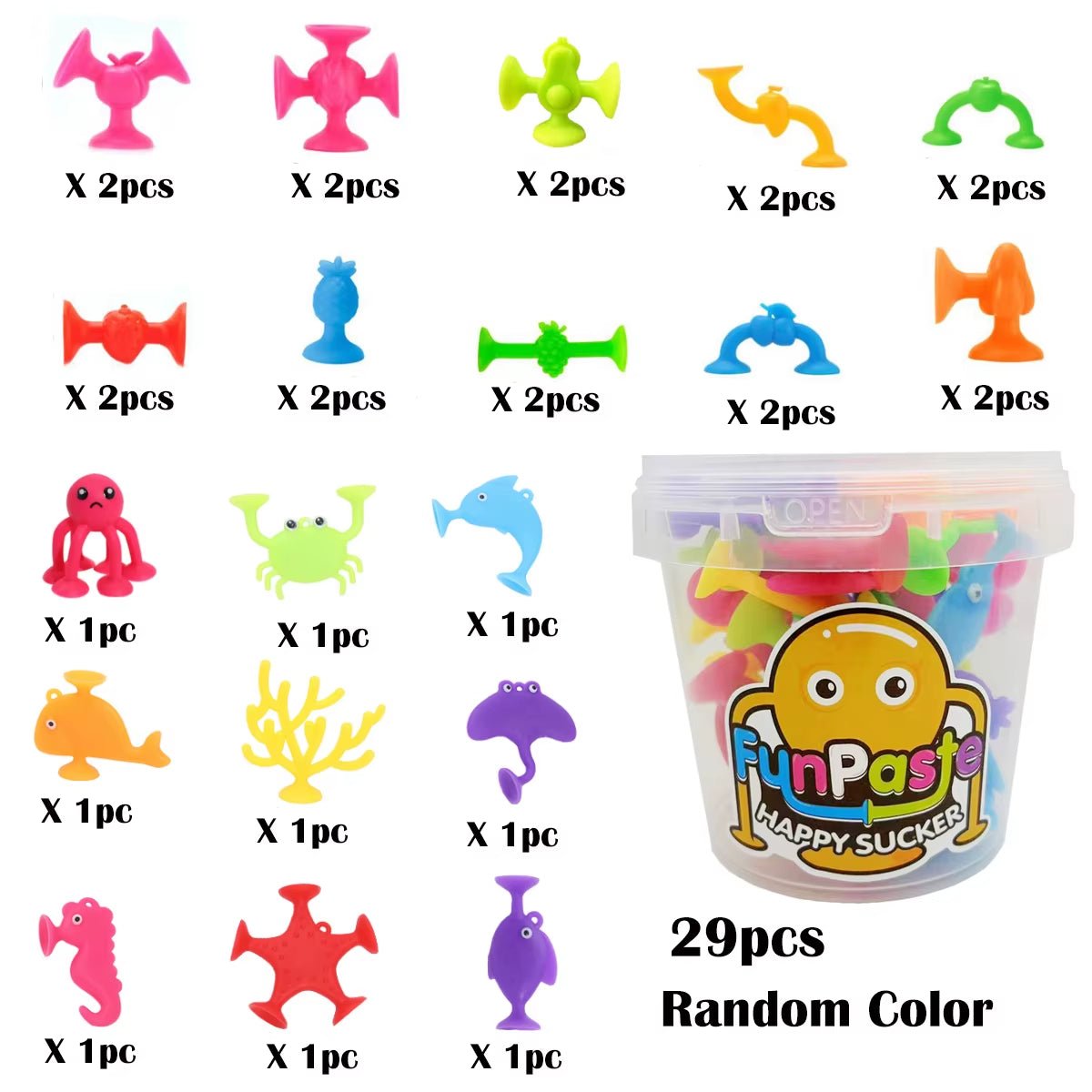 29Pcs Sea Animals & Fruits Suction Cup Toys, with Bucket for Storage, Construction - FLUFFI