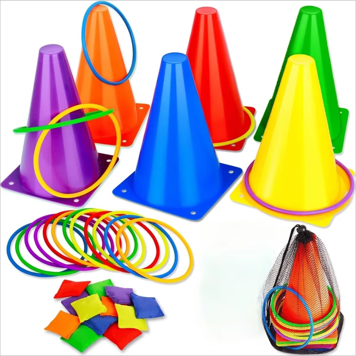 3 in 1 Soft Plastic Cones Bean Bags Ring Toss Games Carnival Games Set for Kids Birthday Party Outdoor Games 32 Pcs Combo Set - FLUFFI