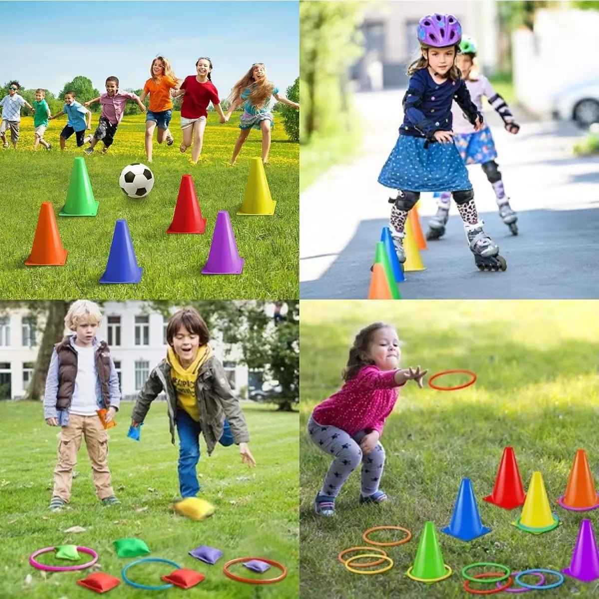 3 in 1 Soft Plastic Cones Bean Bags Ring Toss Games Carnival Games Set for Kids Birthday Party Outdoor Games 32 Pcs Combo Set - FLUFFI