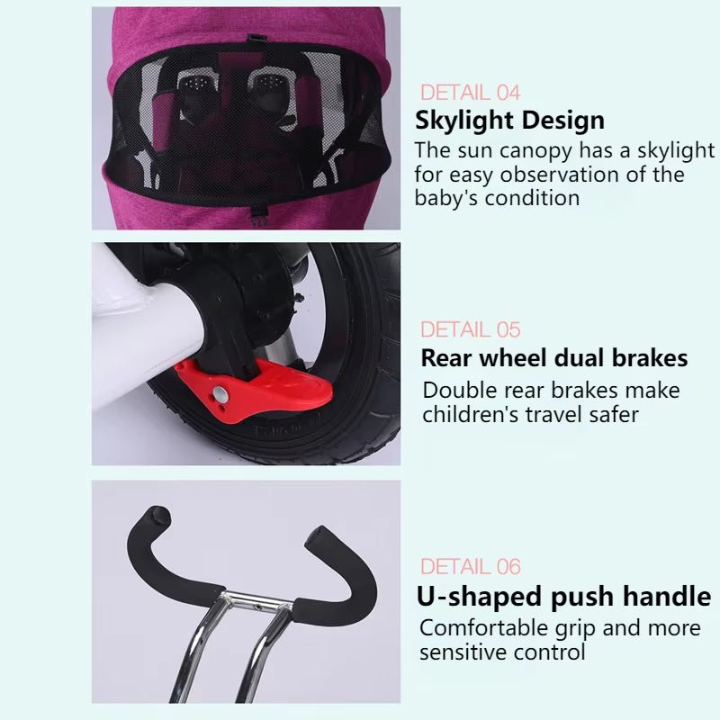 4 in 1 Folding Kids Trike Sit & Lying Toddler Stroller with Large Canopy Tricycle Dual Brake 3 - Gear Adjustable Backrest Portable - FLUFFI