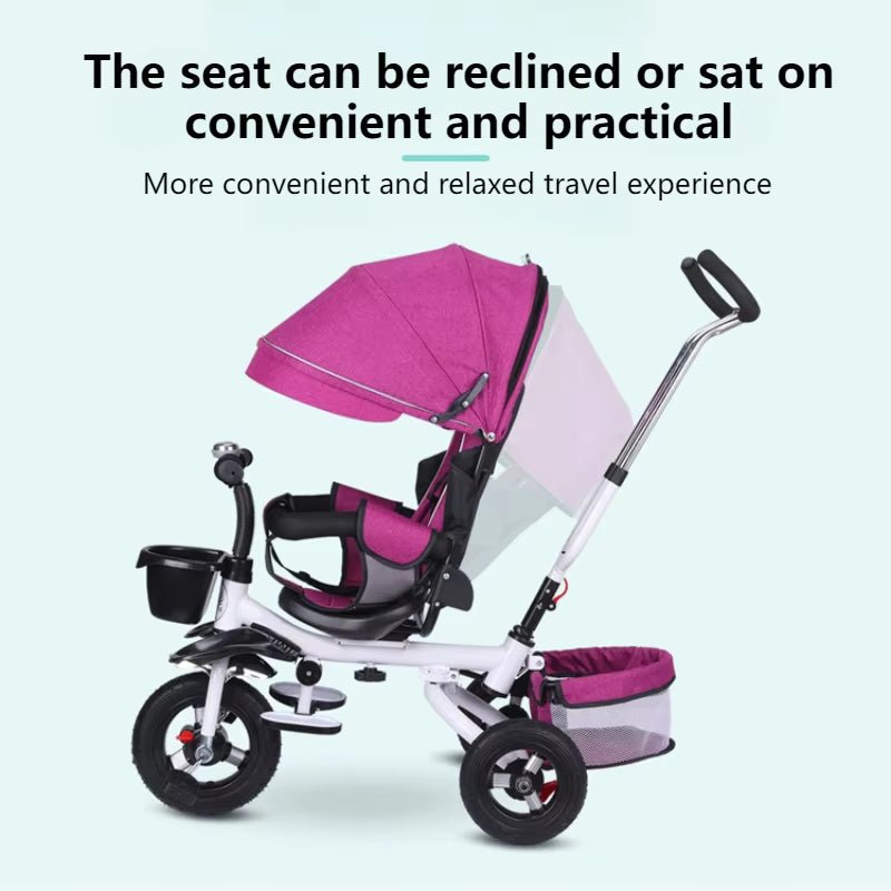 4 in 1 Folding Kids Trike Sit & Lying Toddler Stroller with Large Canopy Tricycle Dual Brake 3 - Gear Adjustable Backrest Portable - FLUFFI