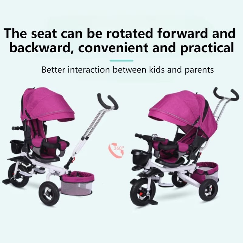 4 in 1 Folding Kids Trike Sit & Lying Toddler Stroller with Large Canopy Tricycle Dual Brake 3 - Gear Adjustable Backrest Portable - FLUFFI