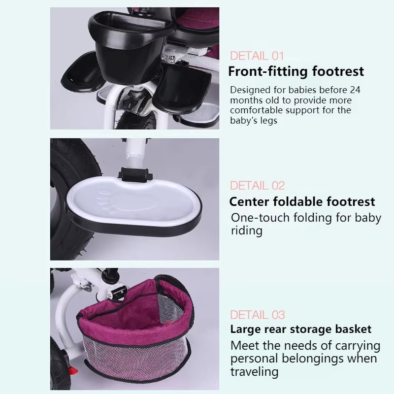 4 in 1 Folding Kids Trike Sit & Lying Toddler Stroller with Large Canopy Tricycle Dual Brake 3 - Gear Adjustable Backrest Portable - FLUFFI