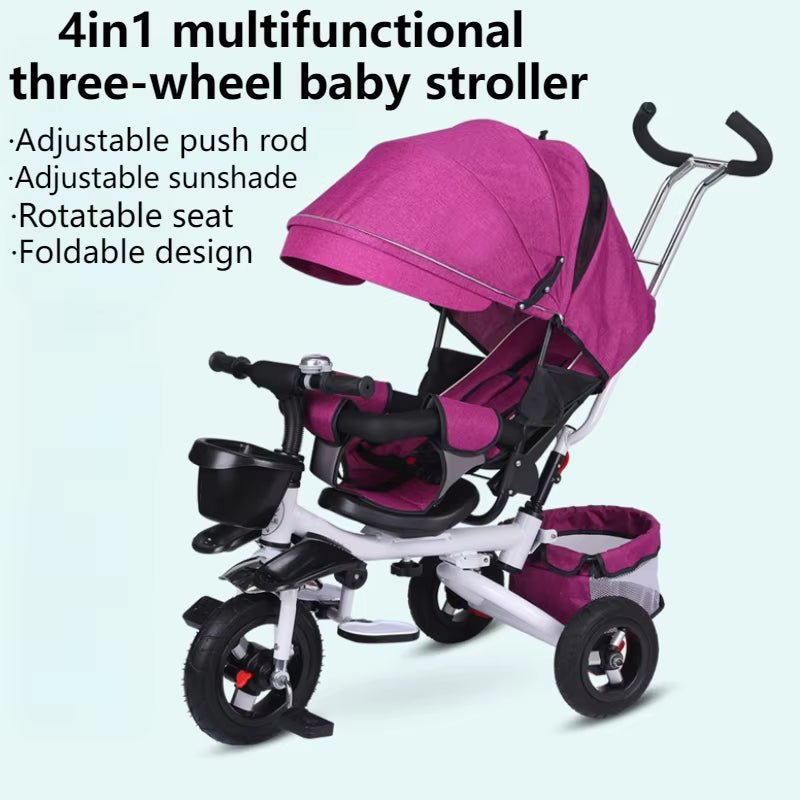 4 in 1 Folding Kids Trike Sit & Lying Toddler Stroller with Large Canopy Tricycle Dual Brake 3 - Gear Adjustable Backrest Portable - FLUFFI