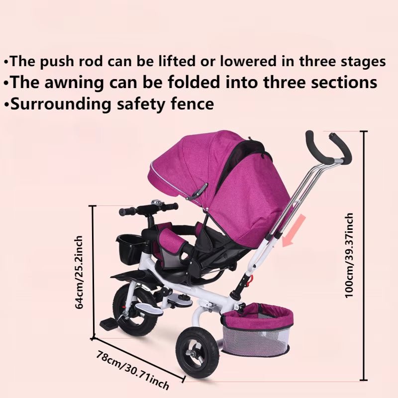 4 in 1 Folding Kids Trike Sit & Lying Toddler Stroller with Large Canopy Tricycle Dual Brake 3 - Gear Adjustable Backrest Portable - FLUFFI