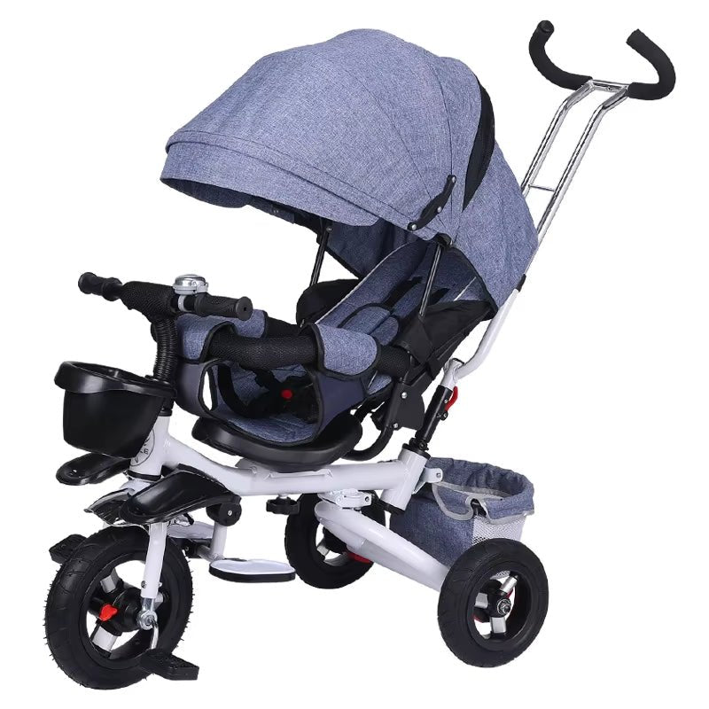 4 in 1 Folding Kids Trike Sit & Lying Toddler Stroller with Large Canopy Tricycle Dual Brake 3 - Gear Adjustable Backrest Portable - FLUFFI