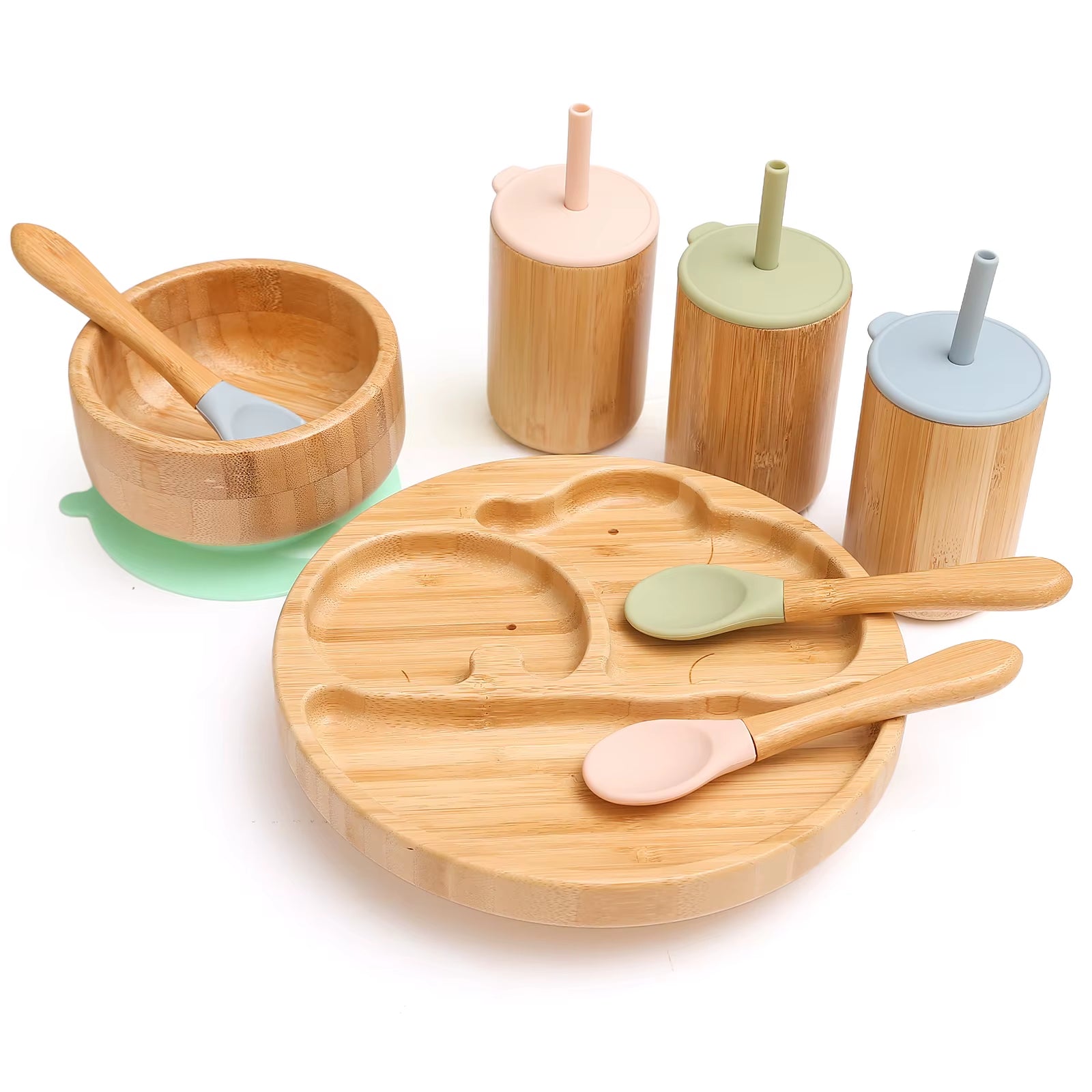 4Pcs Children'S Tableware Suction Plate Bowl Baby Dishes Baby Feeding Dishes Spoon Fork Sets Bamboo Plate for Kids Tableware - FLUFFI