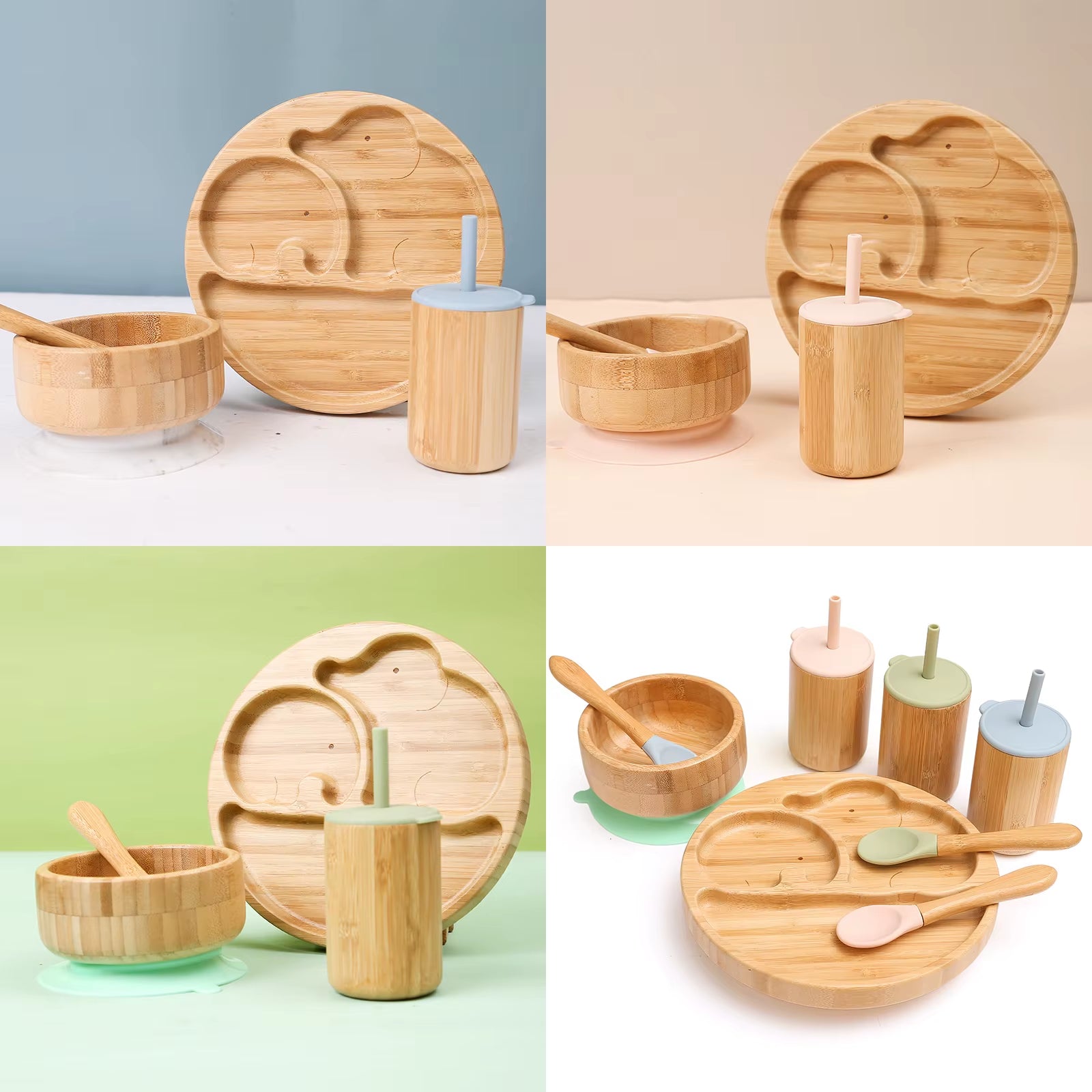 4Pcs Children'S Tableware Suction Plate Bowl Baby Dishes Baby Feeding Dishes Spoon Fork Sets Bamboo Plate for Kids Tableware - FLUFFI