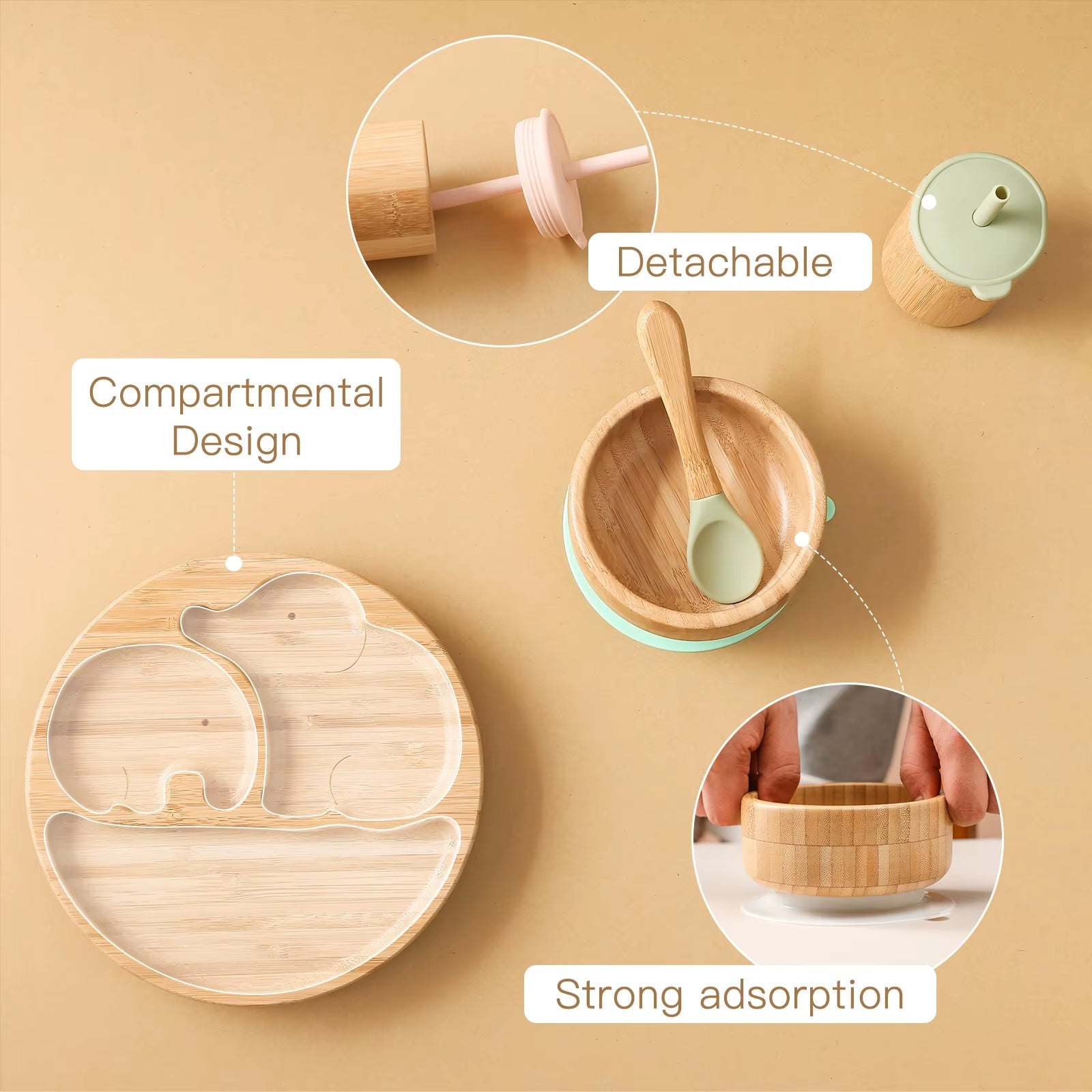 4Pcs Children'S Tableware Suction Plate Bowl Baby Dishes Baby Feeding Dishes Spoon Fork Sets Bamboo Plate for Kids Tableware - FLUFFI
