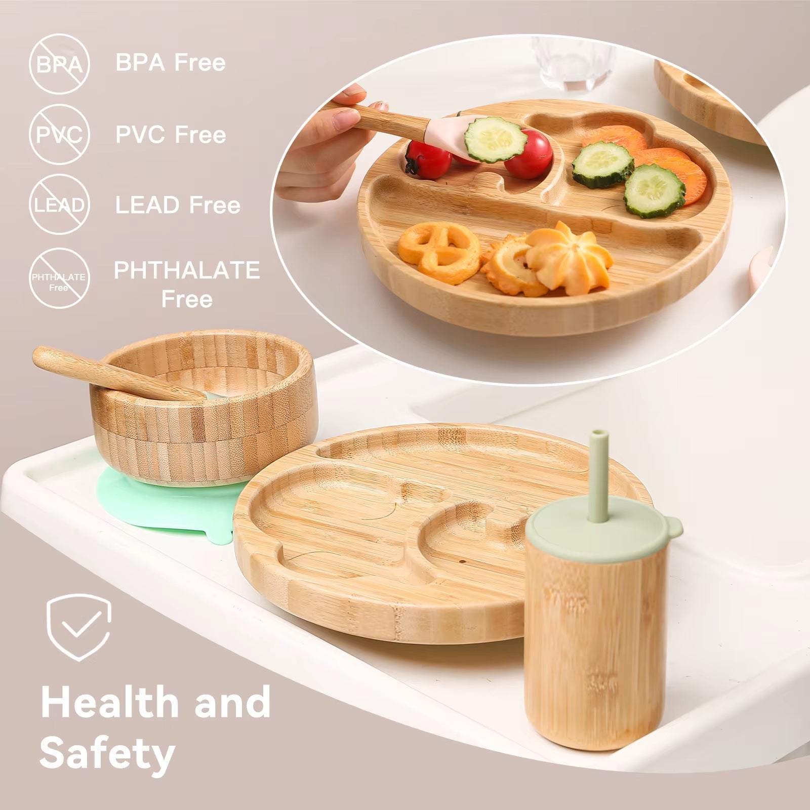 4Pcs Children'S Tableware Suction Plate Bowl Baby Dishes Baby Feeding Dishes Spoon Fork Sets Bamboo Plate for Kids Tableware - FLUFFI