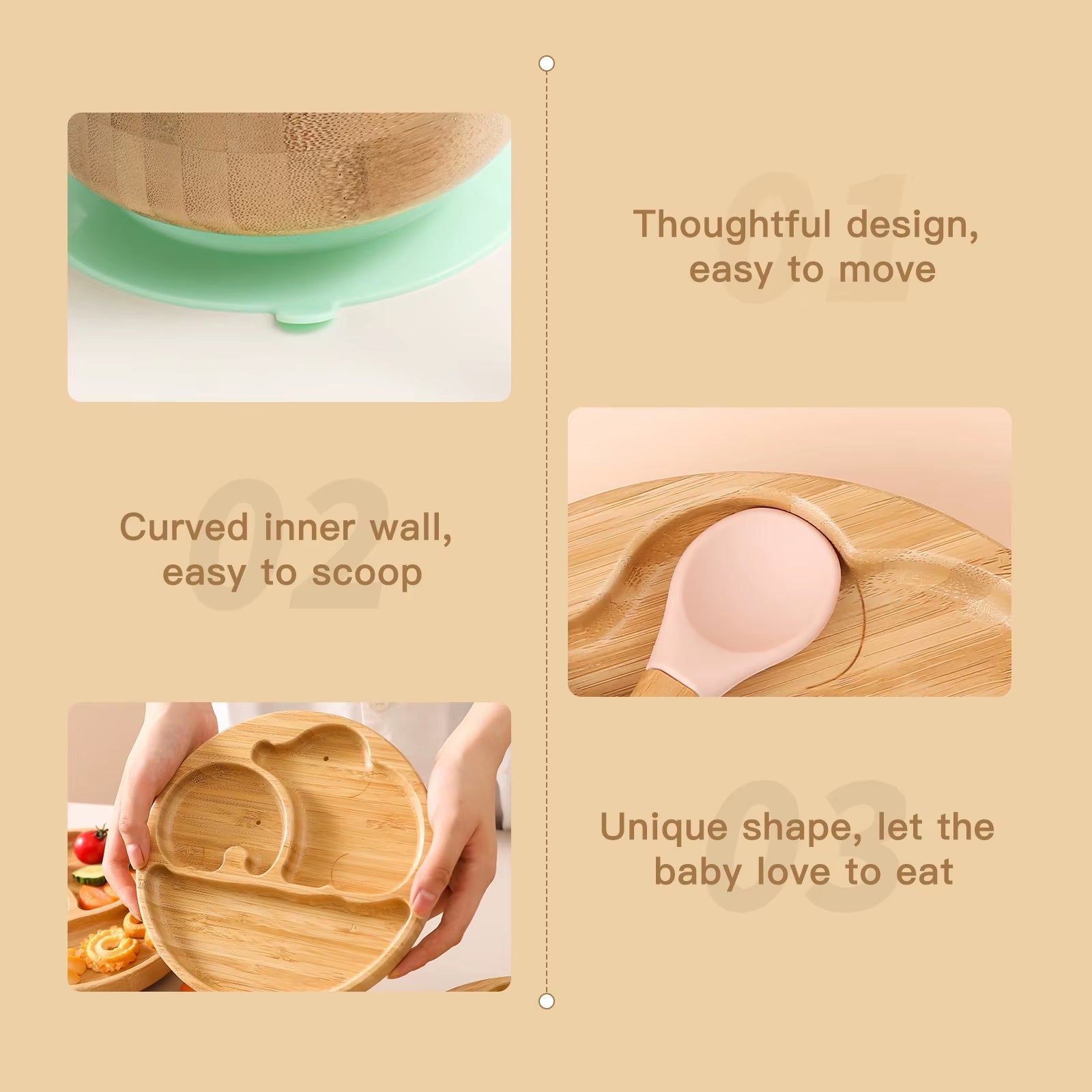 4Pcs Children'S Tableware Suction Plate Bowl Baby Dishes Baby Feeding Dishes Spoon Fork Sets Bamboo Plate for Kids Tableware - FLUFFI