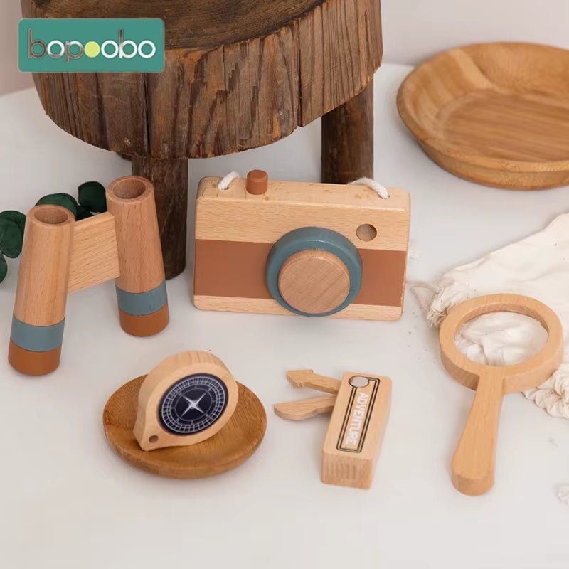 5Pc/Set Wooden Outdoor Explore Kit Camera Toy for Children Birthday Gift Magnifier Compas Montessori Wooden DIY Gift Outdoor Toy - FLUFFI