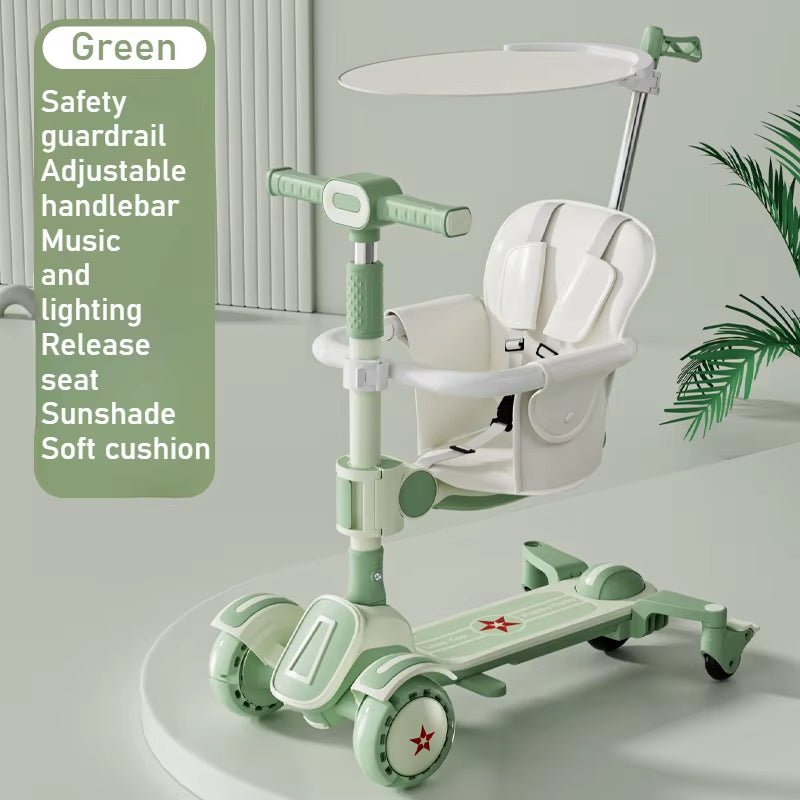 6 In1 Kids Scooter | Flash Wheels | Music & Light | Guardrail Canopy - FLUFFI