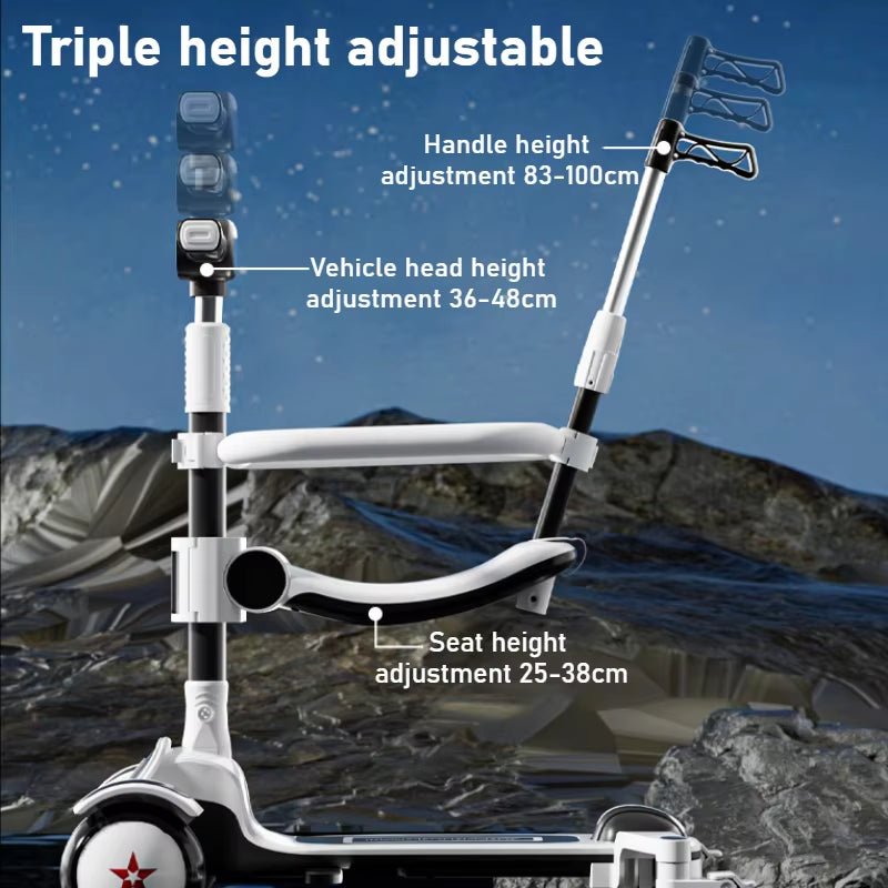 6 In1 Kids Scooter | Flash Wheels | Music & Light | Guardrail Canopy - FLUFFI