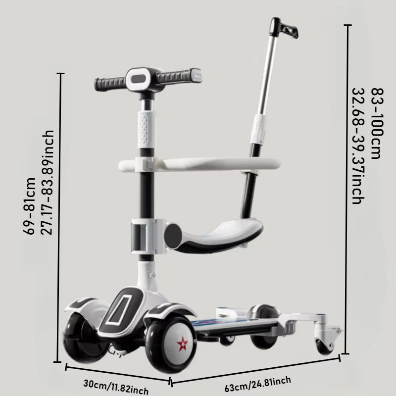 6 In1 Kids Scooter | Flash Wheels | Music & Light | Guardrail Canopy - FLUFFI