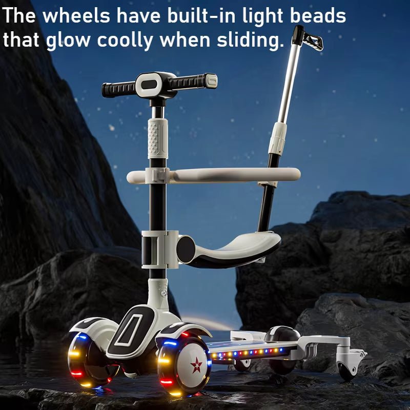 6 In1 Kids Scooter | Flash Wheels | Music & Light | Guardrail Canopy - FLUFFI