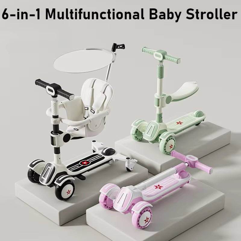 6 In1 Kids Scooter | Flash Wheels | Music & Light | Guardrail Canopy - FLUFFI