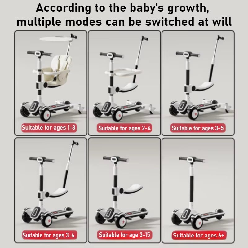 6 In1 Kids Scooter | Flash Wheels | Music & Light | Guardrail Canopy - FLUFFI