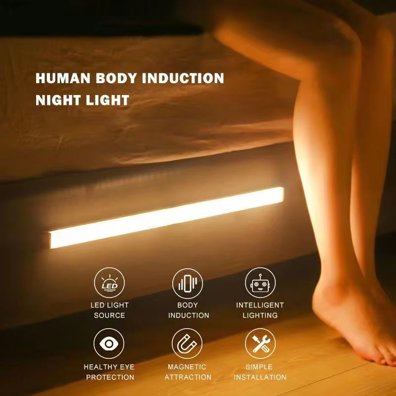 PIR Motion Sensor LED under Cabinet Lamp Dimmable Rechargeable Night Light Stairs Closet Room Aisle Tube Bar Detector Bulb