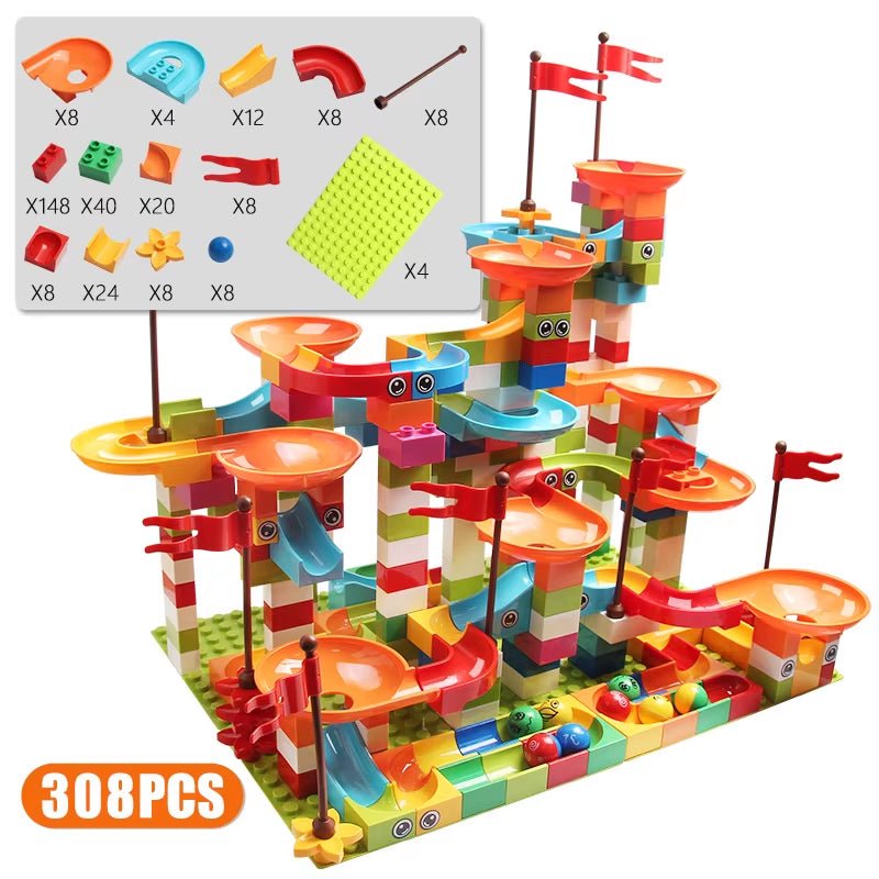 77 - 308PCS Marble Race Run Big Block Compatible City Building Blocks Funnel Slide Blocks DIY Big Bricks Toys for Children Gift - FLUFFI