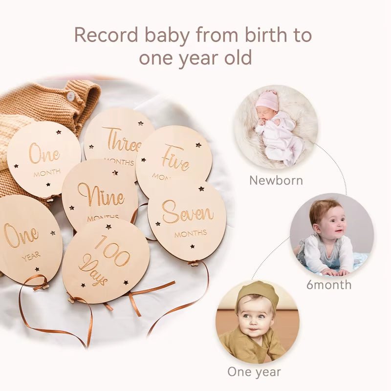 7PCS Newborn Wooden Balloon Milestone English 1 - 12 Month Wooden Card Baby Milestone Photography Props Birthday Party Decoration - FLUFFI