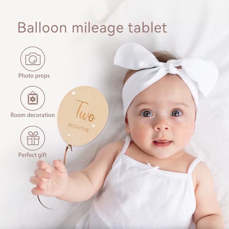 7PCS Newborn Wooden Balloon Milestone English 1 - 12 Month Wooden Card Baby Milestone Photography Props Birthday Party Decoration - FLUFFI